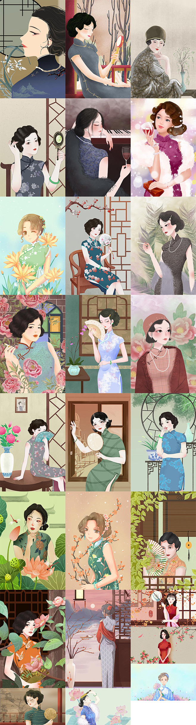 手绘民国风女性卡通旗袍服饰插画复古潮流服...