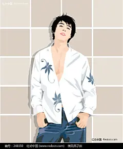穿花衬衣的时尚男人插画|格子背景　时尚青年|男人图片|人物素材|人物图片|矢量人物|矢量素材|手绘　人物素材|帅哥图片