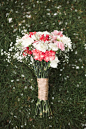 Homemade DIY pink and white carnation and gypsophila bouquet, wrapped in twine.  www.catlaneweddings.com