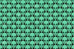 无缝模式与外星人绿色头。UFO，人形机器人无尽的背景孤立。微笑的游客,火星人。矢量插图，空间主题的壁
