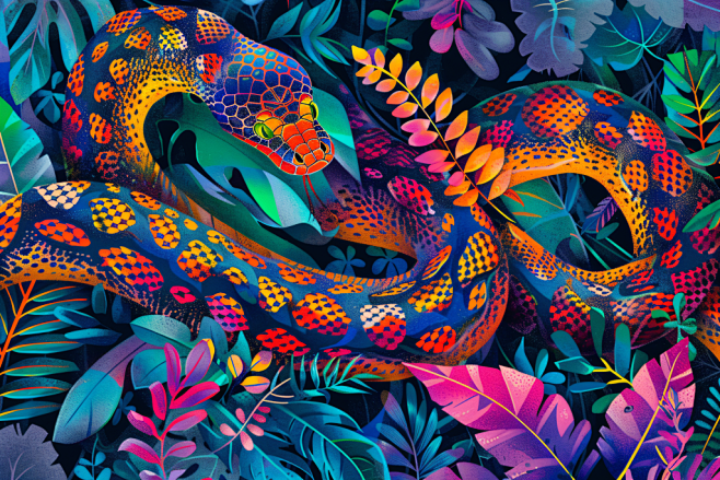 色彩斑斓蛇年蛇纹样插画装饰画