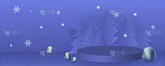 冬季景观与鹿纸剪纸和冷杉树在雪。节日水平横幅与文字Merry Christmas，村庄和飞行圣诞老人