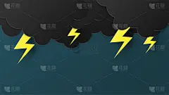 电闪雷鸣与雨前的乌云一起在蓝天上剪出剪纸的风格。纸艺术风暴概念构思。矢量插图。墙纸，背景，海报，横幅