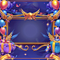 A golden irregular border with a large dark blue blank area in the middle for placing text or logos, blue gold color scheme, cartoon style gifts and balloons on both sides of the frame, birthday party atmosphere decoration with golden edges, wings on both