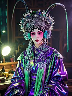 正面 机械零件与人像摄影融合 概念设计作品 川剧机械姬 服装和头饰融入了炫彩镭射等未来材质 艺术彩妆 头冠由机械零件组合而成 戏曲文化与现代机械科技融合 完美光影 柔焦  (1)