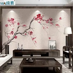墙素 无缝古典中式梅花客厅电视背景墙布 无缝卧室壁纸壁画定制-淘宝网