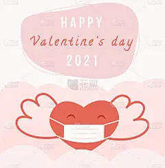 2021情人节快乐。可爱的心形天使带着翅膀，戴着外科医疗口罩，甜美的粉红色背景。在covid-19大