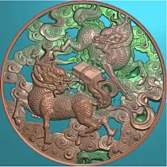 162圆形镂空窗 麒麟神兽精雕图 灰度图 博古古建寺庙雕刻扫描图