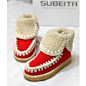 日本彩色翻毛绒短筒雪地靴手工粗线防滑底保暖棉鞋红色-淘宝网
