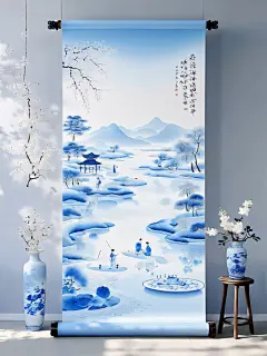 数字艺术、长卷、传统中国山水画、宁静池塘、荷花、树木、人物、传统服饰、钓鱼、园艺、渐变蓝白背景、细腻笔触、简约房间、蓝白瓷瓶、精致花纹、自然元素、和谐构图、 (2)