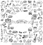 Hand drawn doodle Picnic icons set. Vector illustration barbecue sketchy symbols collection Cartoon bbq concept elements Summer Umbrella Guitar Food basket Drinks Wine Sandwich Sport activities Fruits