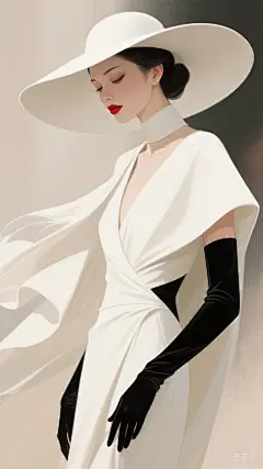 治愈系插画，时尚女性形象插画。她戴着一顶宽边白色大帽檐帽子，帽檐遮住了部分脸庞。她身着白色独特设计的服装，带有披肩款式。她还戴着黑色长手套，妆容上涂着红色口红，整体造型优雅神秘，兼具复古与时尚风格，展现出高贵而神秘的气质。