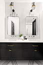 Large danish master white tile and ceramic tile mosaic tile floor, black floor and double-sink bathroom photo in Montreal with beaded inset cabinets, black cabinets, a one-piece toilet, white walls, an undermount sink, quartz countertops, a hinged shower 