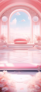 3d backdrop for your anime girl scene pink aw, in the style of architectural compositions, rich tonal palette, daz3d, light orange and white, coastal scenes, rococo interiors, asymmetric compositions