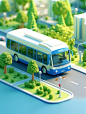 3D等距设计，城市道路上的蓝色公交车
