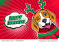 Wow pop art dog face. Funny surprised beagle in a Christmas sweater and deer horns winks and Happy Holidays speech bubble. Vector Christmas illustration in retro comic style. New Year background.