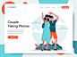 Travelling couple taking photos together banner for landing page Premium Vector