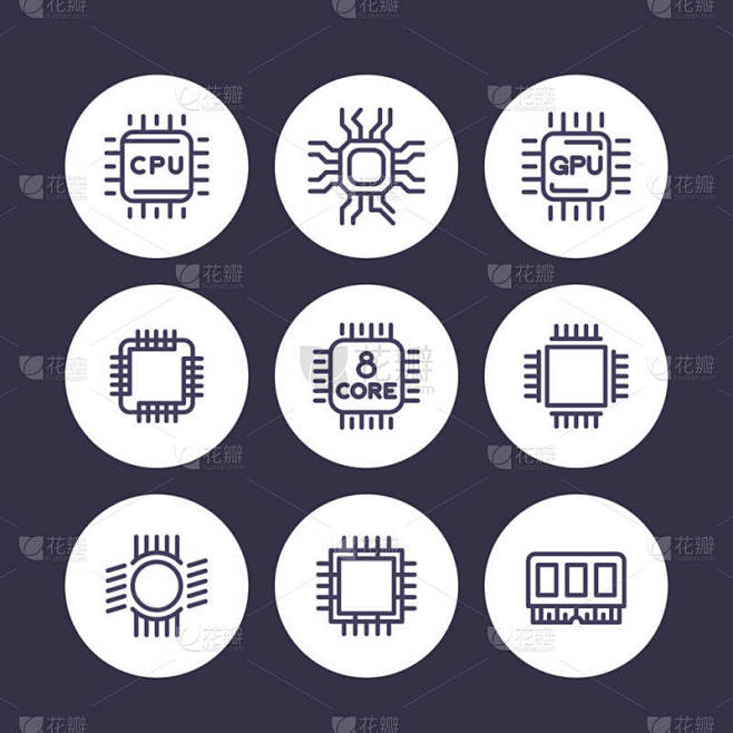 芯片组，cpu 线图标集，芯片，gpu，8 核心处理器象形图白、 矢量图