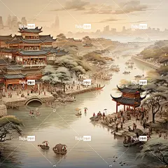 一幅中国画以传统卷轴画的风格，即《清明上河图》的场景，展现了