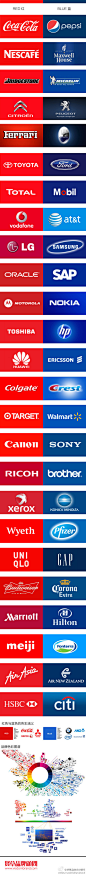 全球54个红蓝品牌对对碰-从未有过的品牌Logo色彩对比视觉大餐➊全球品牌红蓝品牌色比例:蓝色33%,红色29%；➋色彩内涵:蓝色代表科技、梦想、诚信、可靠;红色代表太阳、激情、快乐、健康、性感;➌文化背景:美国欧洲品牌爱用蓝色，而东方企业使用红色较多