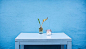  蓝色墙面 白色的桌子 文艺 放着玻璃瓶的桌子#米洛图片miluopic.com##唯美图片##高清大图##banner背景##大图背景##可商用大图##摄影##页素材##设计素材##杂志配图##桌面背景#@北坤人素材