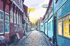 水彩插画小巷 【酷图网】漫画街道,手绘胡同,水彩小巷油画,挂画,手绘油画,水墨装饰画,中国风,老街,古街,街道,石皮弄,高品质油画,背景墙,壁画,装饰画,海报,墙绘,墙壁,复古,怀旧,工装,砖墙,红砖,斑驳,破旧,餐饮,餐厅,美食,美味,小镇,古镇,老建筑,小巷,房屋,民居,电线,风景,工装壁画,北欧装饰画,小清新插画,