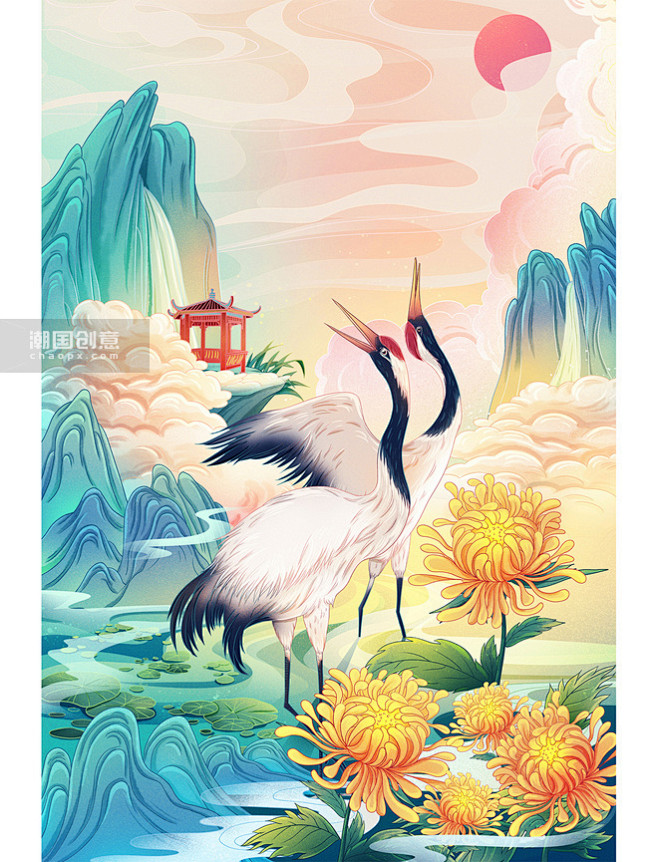 国潮重阳重阳节仙鹤菊花山水插画图片_潮国创意-花瓣网
