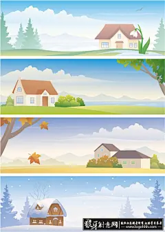 网站横幅 四季风景矢量素材,春夏秋冬卡通风景画,四季卡通插画,卡通房子,卡通树木,枫叶,冬日雪景 狼牙创意网_设计灵感图库_创意素材 - 狼牙网 #网页# #经典# #排版# #字体# #色彩# #Logo#