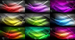 巨型抽象霓虹背景收集，发光闪亮的线条在黑暗中