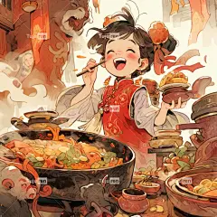 水彩画，中国传统女孩吃火锅，唐代奇幻喜庆海报
