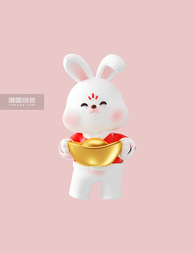 3d新年新春春节兔年卡通可爱兔子萌兔拿元...