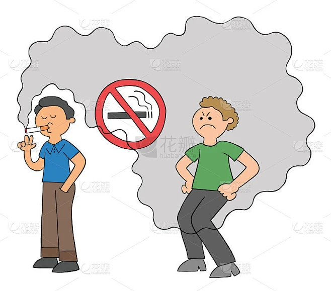 卡通人物在不吸烟的地方吸烟，后面的人被香烟烟雾困扰，矢量插图素材 花瓣网 