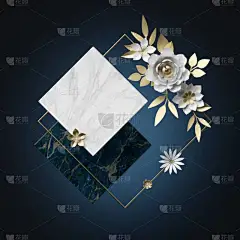 现代最小3D渲染。 摘要植物背景。 大理石菱形板,白金相间的纸花,复制空间. 空白横幅，贺卡造型。 