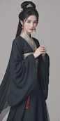  solo,1girl,long hair,black hair,hair bun,black dress,blacklong sleeves,ancient costume,hanfu,hair ornament,realistic,looking at viewer,armor,jewelry,chinese clothes,solo focus,standing,large breasts,skirt,jewelry,necklace,earrings,perfect body,