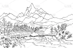 有高山和瀑布的风景。手绘插图着色