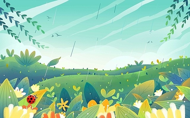 春天卡通春天插画春天下雨psd素材