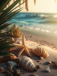 热带海滩度假贝壳和海星壁纸