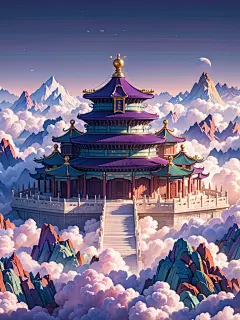 融合了天庭元素，中国古代元素的现代标志性建筑，紫色玉石的装饰和神秘的云雾氛围。规模庞大，气势恢宏，中国神话人物，栩栩如生，