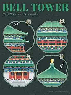 西安地标Citywalk插画明信片之钟楼，大雁塔