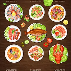 海鲜美食插画  - 源文件下载【酷图网】美食,海鲜美食,美食插画,海鲜素材,美食素材,餐饮美食,美味佳肴,小龙虾,蛏子,三文鱼,扇贝