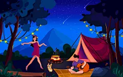 手绘扁平风情侣欢乐露营唱歌跳舞插画