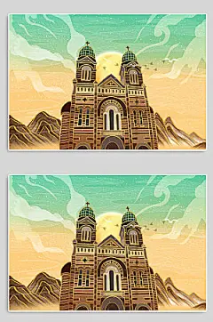 国潮天津西开教堂城市大气插画
