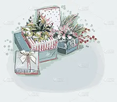 礼品盒蓝色矢量圣诞贺卡背景软彩色蜡笔画卡风格