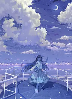 有大片云彩的唯美小清新插画绘画图片