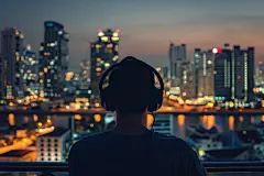 戴耳机的创意青年背影