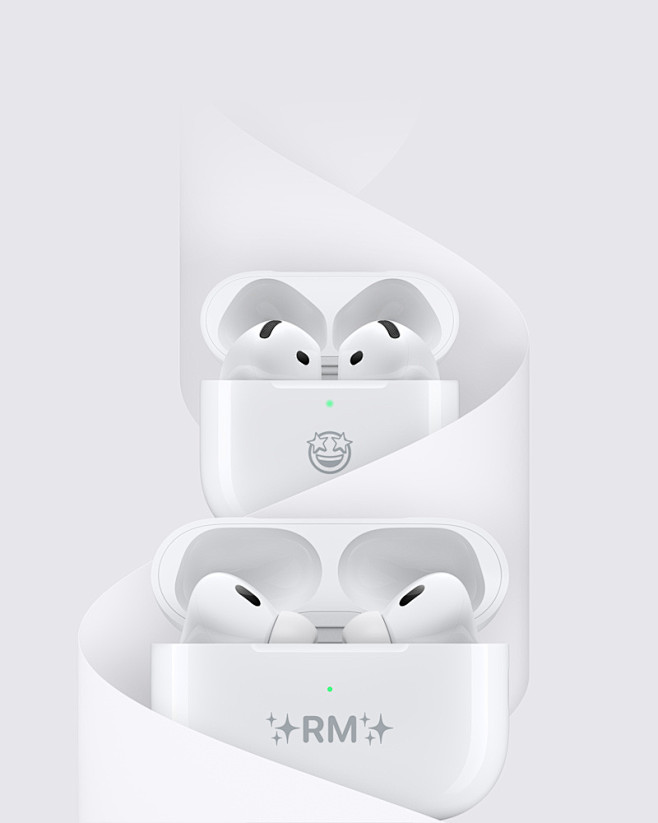 卷曲的纸张环绕着白色 AirPods 4...
