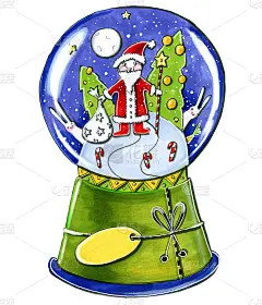 手绘插图儿童卡通风格神奇的新年礼物雪花玻璃球与圣诞老人和兔子的地方写信和祝贺