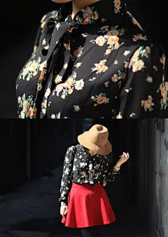 2013春款 复古小碎花雪纺衬衫 黑/杏