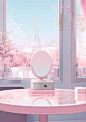 this mirror is displayed in a room with a big window, in the style of kawaii aesthetic, vignettes of paris, fujifilm eterna vivid 500t, coastal views, pink, photorealistic renderings, distinct stylistic range