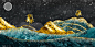 3d现代艺术壁画壁纸，夜间景观与深色绿松石山，黑色背景与星星和月亮，金色的树，和金色的波浪。